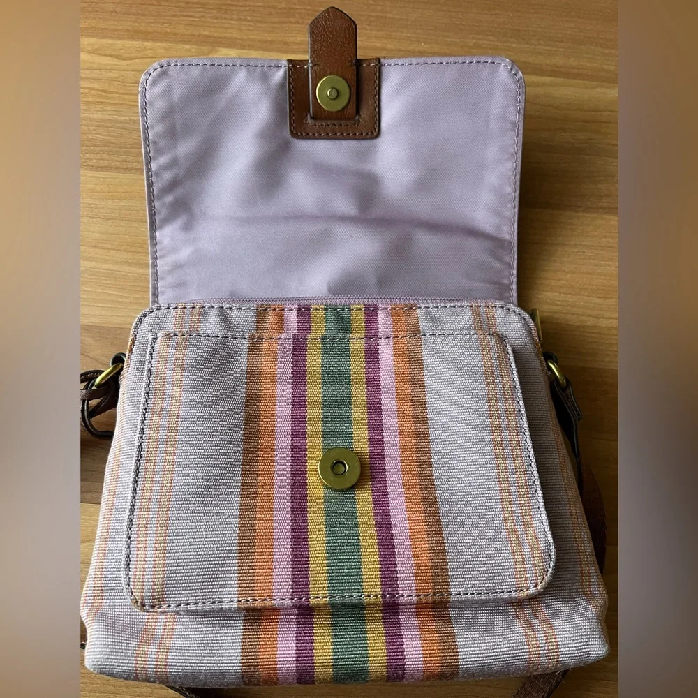 Fossil Leather & Stripe Canvas Crossbody Bag Brown Multicolor